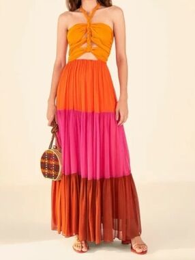 FARM Rio Warm Colorblocking Halter Maxi Dress XL NWT